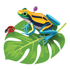 Poison Dart Frog on Leaf with Ladybug