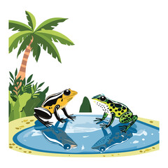 Two Frogs in Pond with Palm Tree
