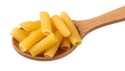 Uncooked rigatoni pasta rests on a wooden spoon, showcasing its tubular shape and ridged texture.