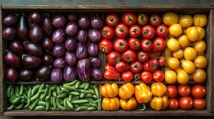 Assortment of colorful vegetables in wooden crate