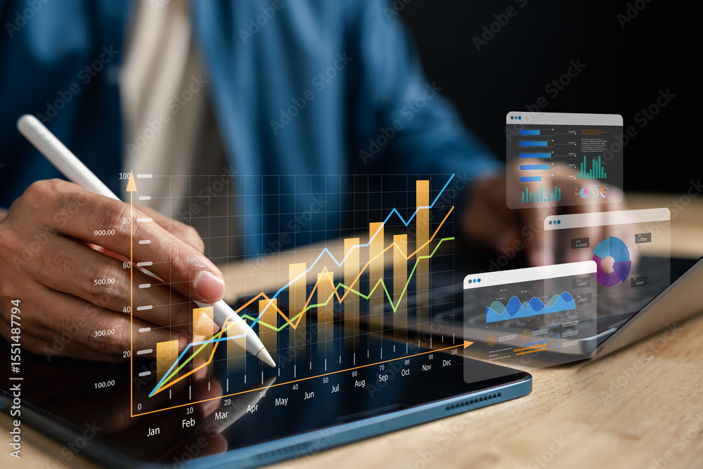 Poster financial chart and investment graph analysis stock on tablet screen
