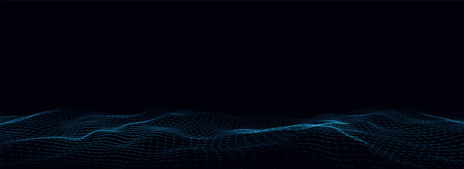 Abstract technology wave of particles. Big data visualization. Vector dark background with motion dots and lines. Artificial intelligence.