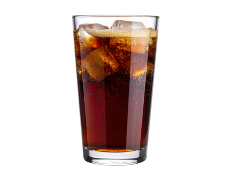 A clear glass filled with a dark carbonated beverage and ice cubes, showcasing bubbles rising to the surface.