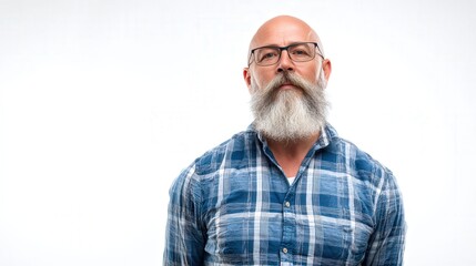 Confident Mature Man with Beard in Plaid Shirt Against White Background