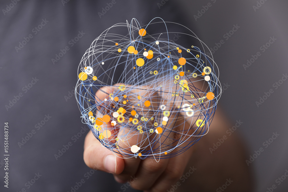 Poster abstract image of a hand holding a digital network. represents connection, technology, and global co