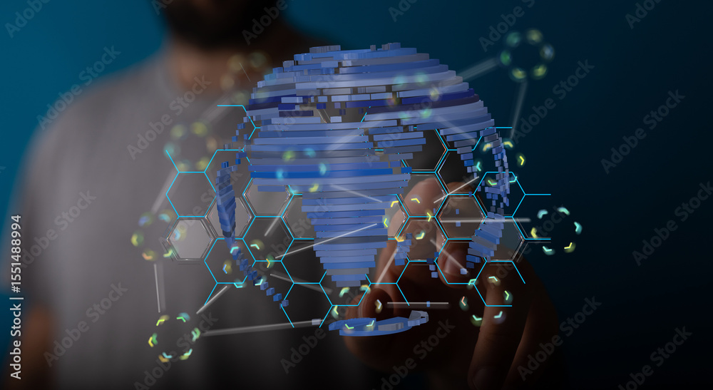 Aufkleber Abstract image of a person interacting with a digital global network.  Perfect for technology, business, and connection concepts.