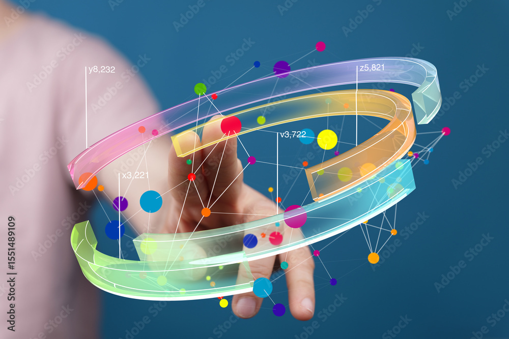 Poster Abstract image of hand interacting with a colorful 3D data visualization. Perfect for technology, business, and analytics concepts.