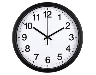 A round black-framed wall clock with black hour, minute, and second hands showing the time at 10:10:00.
