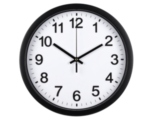 A round black-framed wall clock with black hour, minute, and second hands showing the time at 10:10:00.