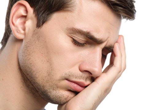 A close-up of a young man with a pained expression, resting his face on his hand against a black background.