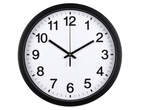 A round black-framed wall clock with black hour, minute, and second hands showing the time at 10:10:00.