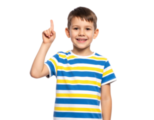 A smiling young boy wearing a colorful striped t-shirt raises his index finger with enthusiasm and confidence.