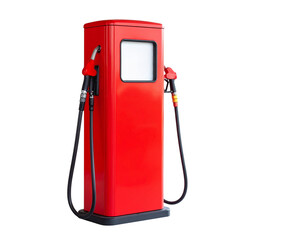 A vintage red fuel pump with two nozzles and hoses stands upright.