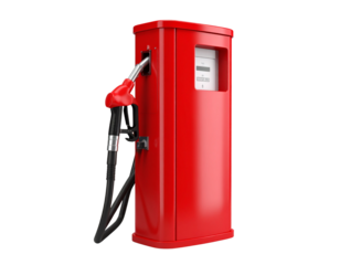 A bright red vintage-style fuel pump with a nozzle and hose attached, featuring a simple digital display on its front panel.