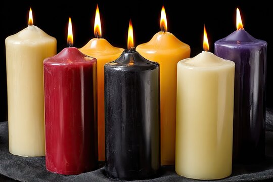 Seven colorful pillar candles, flames alight