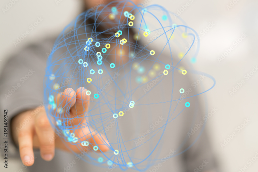 Poster Abstract image of a person interacting with a digital network. Represents connectivity, technology, and global communication.