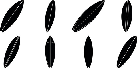 Surfboard silhouettes isolated on white background in black and white showing various shapes and designs