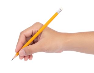 A hand holding a sharpened yellow pencil poised to write or draw.