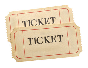 Two vintage beige paper tickets with red borders and the word "TICKET" printed in bold black letters.
