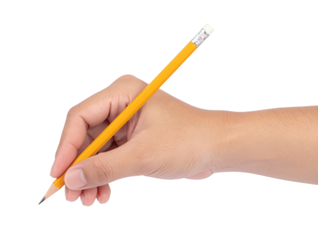 A hand holding a sharpened yellow pencil poised to write or draw.