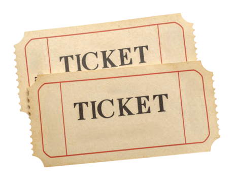 Two vintage beige paper tickets with red borders and the word "TICKET" printed in bold black letters.