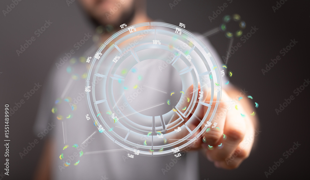 Aufkleber A person uses a finger to interact with a holographic data visualization interface displaying circular charts and percentage values.