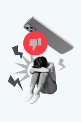 Sketch pop artwork collage of puzzled girl hug knees cry dislike social media unpopular blogger cyberbully hate phone abuse