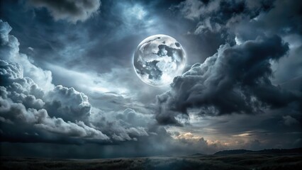 A dark and foreboding landscape with a full moon hidden amongst thick, grey clouds that seem to stretch on forever, dark horror night landscape, ominous sky