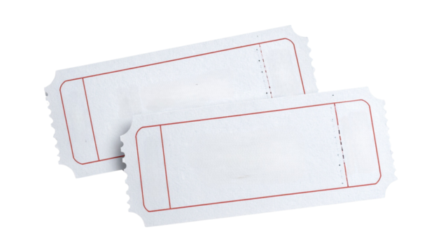 Two blank white admission tickets with perforated edges and red borders.
