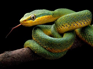 Fototapeta premium A green and yellow snake coiled on a tree branch with its tongue out, isolated against a black background.