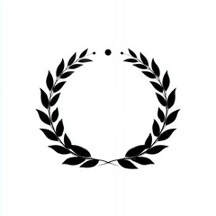 A black and white wreath with leaves and a circle in the middle. The wreath is simple and elegant