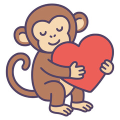 cute monkey hug big love flat color vector illustration template design