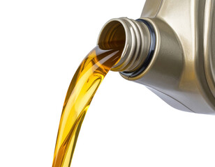 Golden motor oil is being poured from a silver container, showing a smooth, flowing liquid stream.