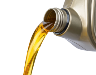 Golden motor oil is being poured from a silver container, showing a smooth, flowing liquid stream.