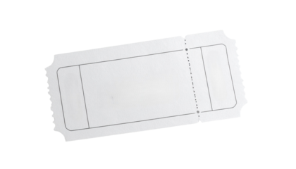 A blank white rectangular ticket with perforated edges and a bite-shaped cutout on one corner.