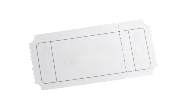 A blank white rectangular ticket with perforated edges and a bite-shaped cutout on one corner.