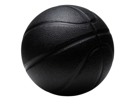 A black basketball featuring textured surface and distinct panel lines is shown prominently.