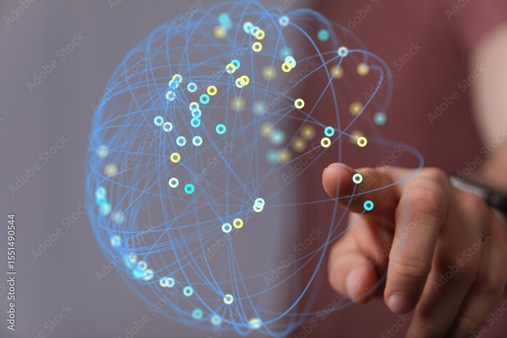 Poster hand interacting with a digital network. represents global connections, data, technology.