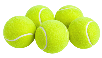 Six bright yellow tennis balls grouped together, showcasing their fuzzy texture and white curved lines.