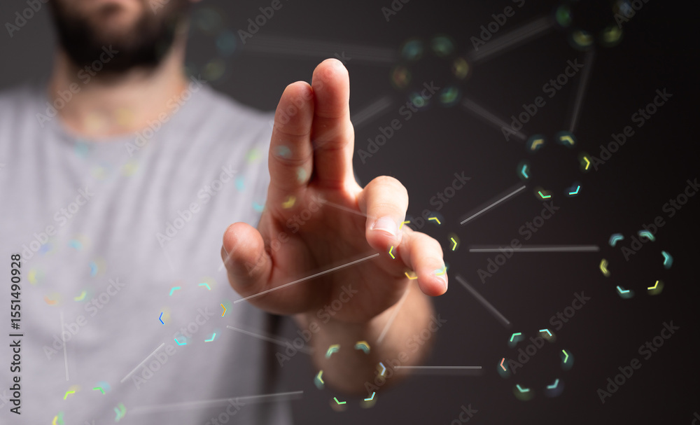 Poster hand reaching towards a digital network, representing connectivity and technology.