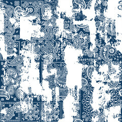 Blue bandana paisley fabric patchwork wallpaper abstract vector seamless pattern for scarf kerchief shirt fabric carpet rug tablecloth pillow grunge effect in separate layer
