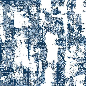 Blue bandana paisley fabric patchwork wallpaper abstract vector seamless pattern for scarf kerchief shirt fabric carpet rug tablecloth pillow grunge  effect in separate layer