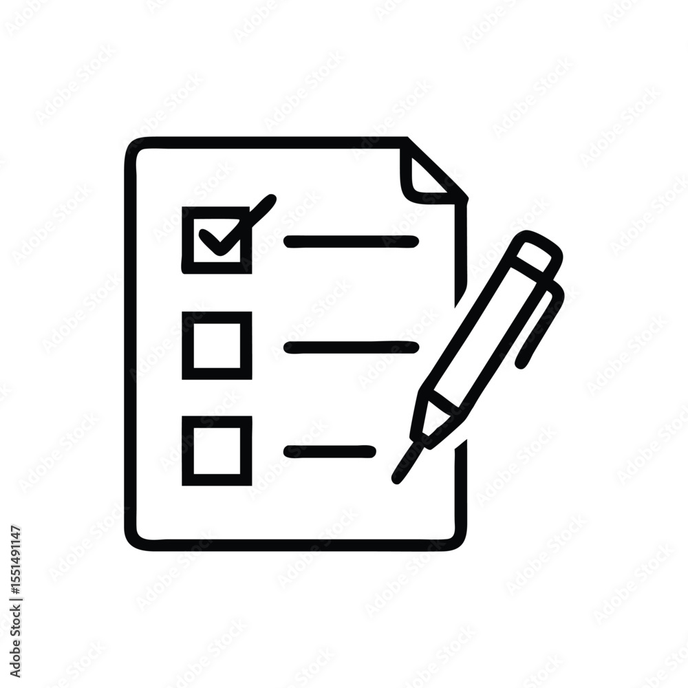 Poster checklist document with pen vector icon for task management and survey form design and project plann