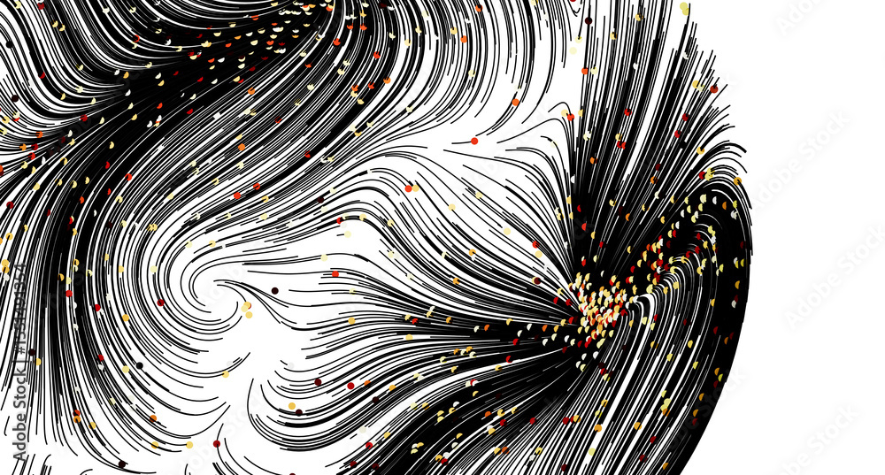 Poster black and white abstract art with swirling lines and colorful dots. perfect for modern design.