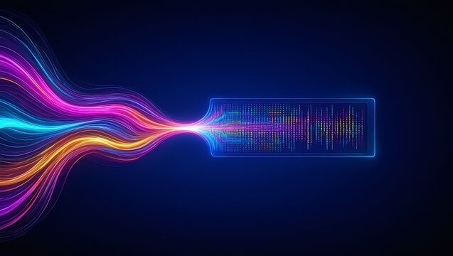 Abstract digital data flow transforming into binary code on dark background