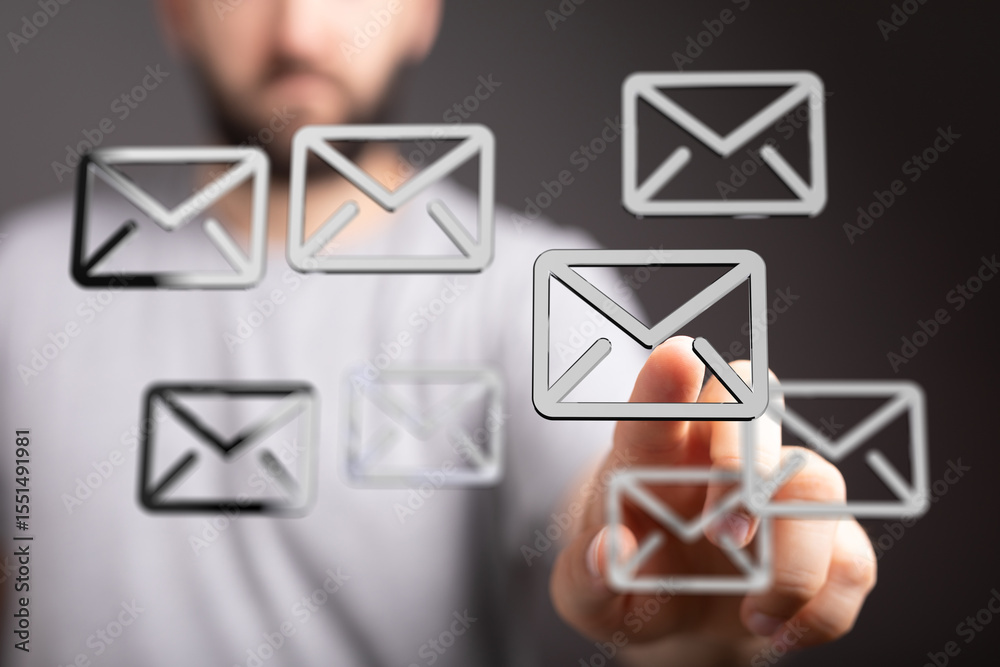 Poster Close-up of a man's hand interacting with email icons, representing digital communication and inbox management.