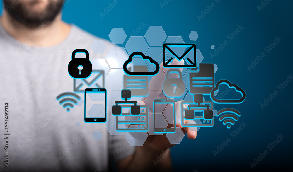 Poster stock photo of a person interacting with digital icons representing network, data, cloud, security, 