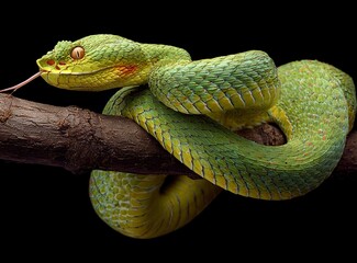 Fototapeta premium A green snake slithering on the branch, isolated against a black background with copy space. The coiled yellow and red pit viper's rough scales shimmer in the sunlight. This creature has an elegant 