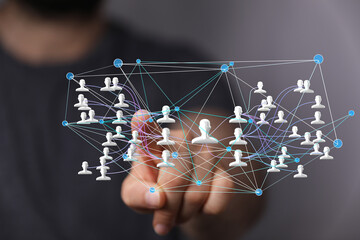 A digital network connecting people.  Illustrates online communities, social media, and global...