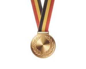 Gold Medal Suspended with a Ribbon Featuring the Belgium Flag Colors, Symbolizing Victory and Achievement